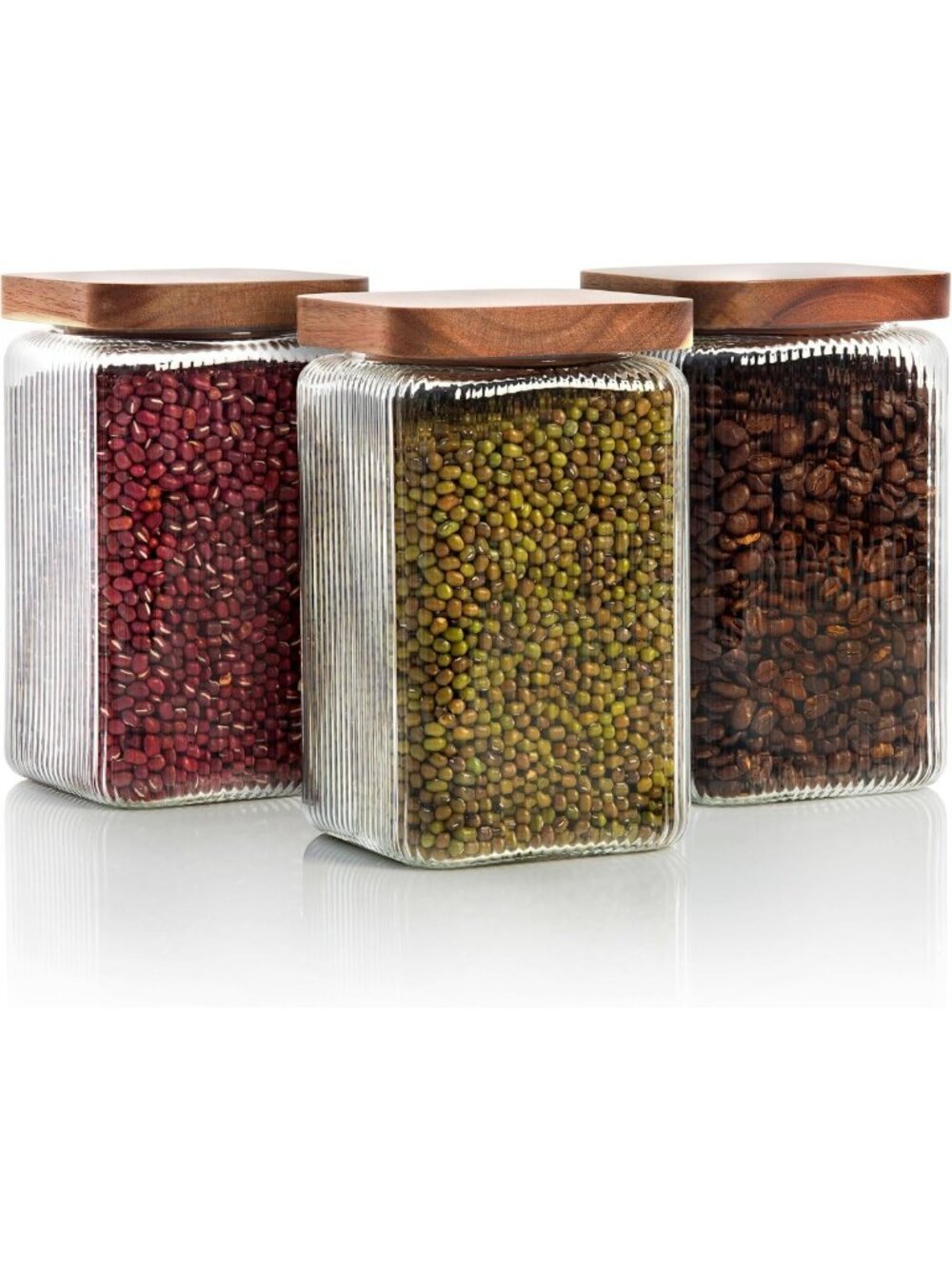 Ribbed Glass Square Jars with Wooden Lids - Set of 3 Airtight Storage Canisters